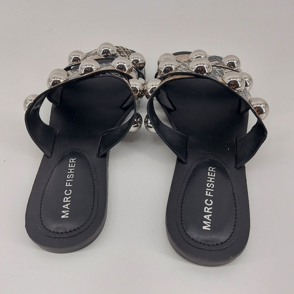 Marc Fisher Bryte 2 Studded Flat Sandals aside 5 Black and Tan Faux Snake Skin - Picture 2 of 6